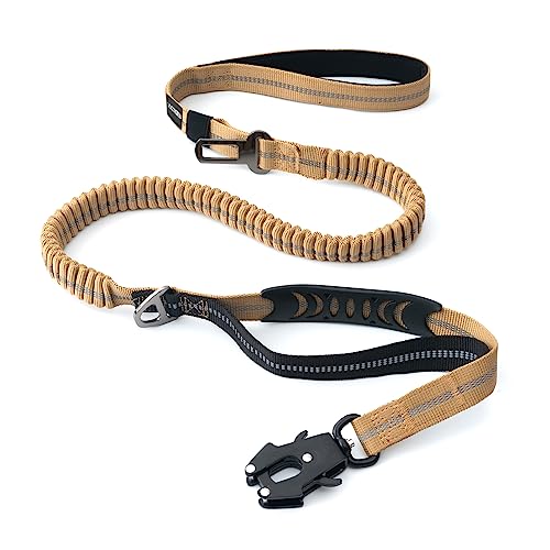 Strapazierfähige Taktische Hundeleine mit Schnellverschluss-Karabiner und stark reflektierenden Fäden, 1,2-1,8 m Power-Stretch-Hundeleine für mittelgroße und große Hunde, Braun und Schwarz