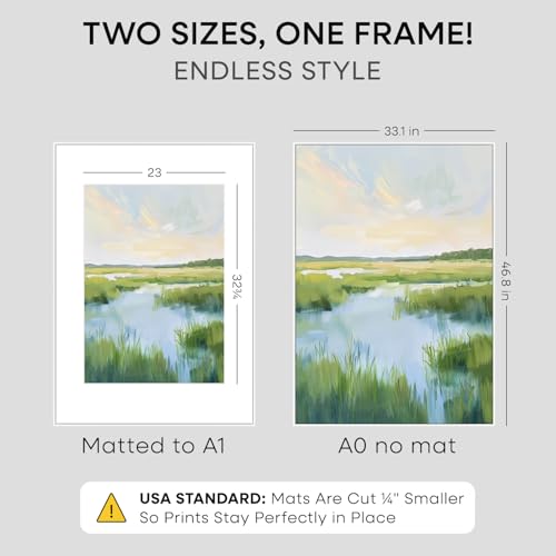 Image of Homeforia A0 White Poster Frame, High-End Metal, A1 Mat, Glass | High End Aluminum, Tempered Glass, Acid-Free A1 Removable Mat, A0 Edge-to-Edge Display, Wall Kit, Set Of 1