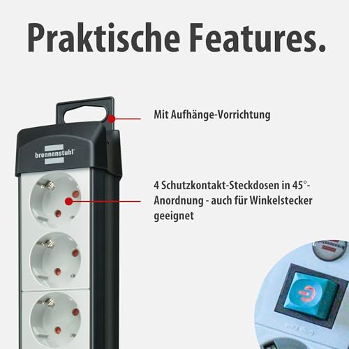 Brennenstuhl Premium-Line, Steckdosenleiste 4-Fach (Mehrfachsteckdose mit Schalter und 5m Kabel - 45&deg; Anordnung der Steckdosen, Made in Germany) schwarz/grau