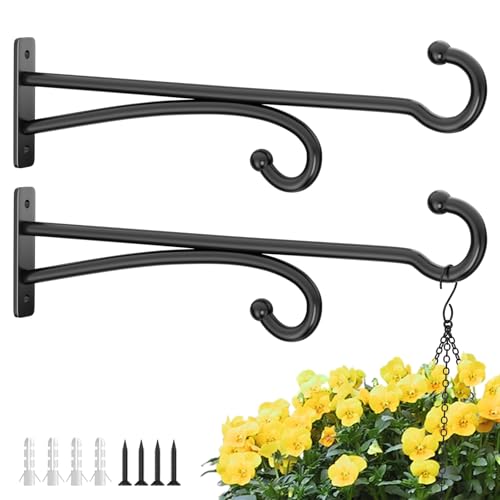 15" Plant Hooks for Hanging Baskets - Heavy Duty Metal Plant Hangers for Indoor & Outdoor Use, Wall Mount Brackets for Hanging Plants, Planters, Bird Feeders, Wind Chimes, Bird Houses - Black, 2 Pack