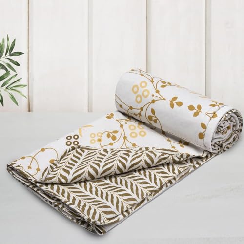 Image of HUESLAND 100% Cotton Reversible Dohar Single Bed Cotton | Soft Cambric Weave, Lightweight AC Blanket for Summer & All Weather Use | 56 x 89 inches, Petal - White, Moss Green & Mustard