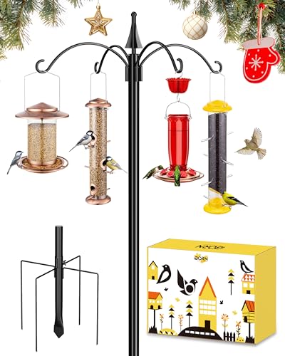 iBorn Bird Feeders Hanging Station 87Inch Wild Bird Feeding Station Stand Heavy Duty For Feeders Hanging, 1 Inch Thickness Pole, 4-Hooks,5-Prong Pole Stabilizer(Bird Feeders NOT Included)