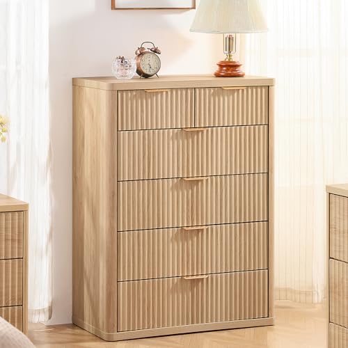 Image of LEYAOYAO Fluted 6 Drawers Dresser for Bedroom Set of 2, 42 inch Tall Modern Chest of Drawers with Metal Handle, Curved Profile Design,Wood Drawer Organizer for Bedroom,Living Room,Hallway,Natural