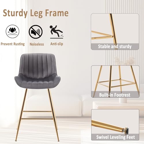 Image of Sidanli Gold Bar Stools, 24 inch Velvet Barstools, Kitchen Chairs Set of 2 for Counter Height with Back and Footrest, Gray
