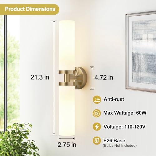 Image of Indoi Wall Sconces Set of Two, Hardwired Brass Bathroom Sconces Wall Lighting with Milky White Glass, Modern Sconces Wall Decor Set of 2 Bathroom Light fixtures for Mirror Living Room Hallway Bedroom