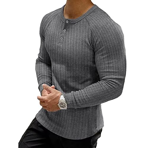 Muscle Cmdr Men's Ribbed Henley Shirt Short Sleeve Slim Fit Muscle Shirt Fitted Cotton Casual Long Sleeve Small Dark Grey-long