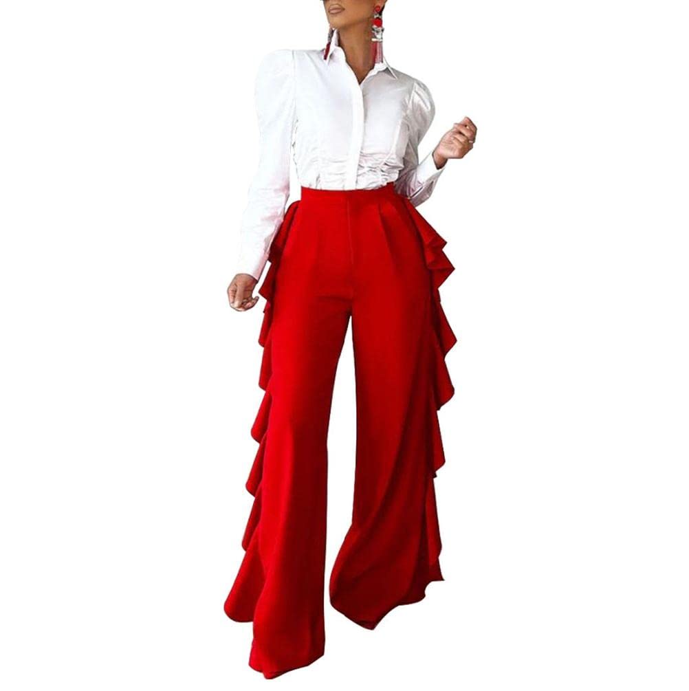 HANMAX Womens High Waist Casual Ruffle Wide Leg Long Palazzo Pants Trousers