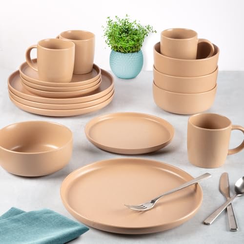 Image of Zulay Kitchen Terra Stoneware Dinnerware Set, Artisanal Ceramic Plates and Bowls Set Crafted at 2300℉ - Service for 4, Terracotta Clay