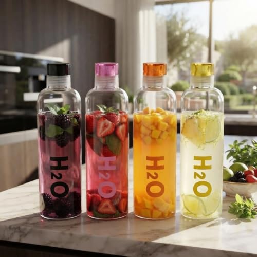 Image of Glass Borosilicate H2O Water Bottle With Cap 500ML | Leak Proof & Airtight Lid | Reusable Drinking Bottle for Office, School, College, Gym, Home & Travel,Daily Uses (H2O Clear - Set of 4)