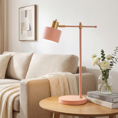 Image of OYEARS 22.2 inch Modern Desk Lamp, Metal Table Lamp with LED Bulb, Adjustable Reading Lamps for Living Room, Mid Century Task Lamp for Home Office, Industrial Bedside Lamps with Solid Base, Pink
