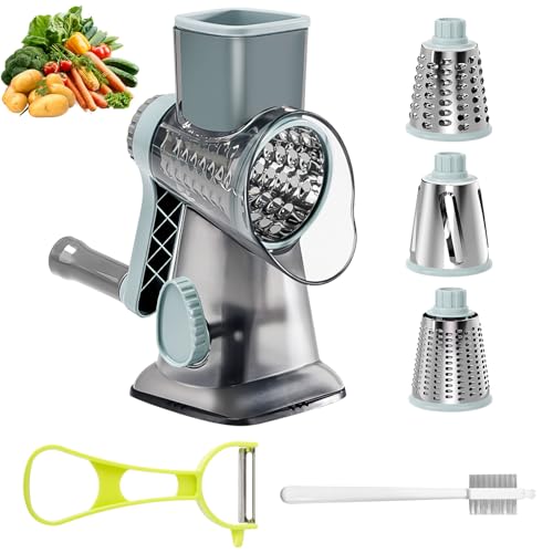 Râpe à Fromage Rotative, Râpe à Légumes Manuelle, Rapeuse Fromage Rotative avec 3 Lames de Tambour Détachables, Mandoline de Cuisine Manuelle Multifonction pour Fromage, Concombre, Carotte, Noix