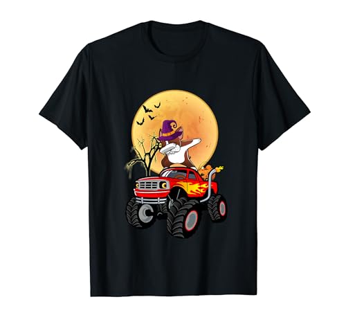 Dabbing Boston Terrier Dog Witch Hat Monster Truck Halloween Camiseta
