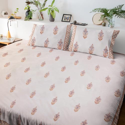 Image of Zahrat Premium Hand Block Printed Bedsheet | Bed Sheet Flatsheet | Pure Cotton | Double Bed King Size 108 inchx108 inch | 300 TC Bedsheets | Includes 2 Pillow Covers | Flower Spread
