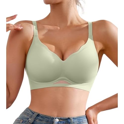 DEANGELMON Scalloped V Neck Wireless Bras for Women Seamless No Underwire Full Coverage Push Up Bras Soft Comfort Bralettes B-Scalloped Bra Medium Green