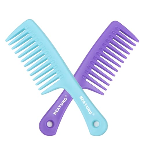 BEAYUNG 2 PCS Large Wide Tooth Comb, Shower Combs for Women, Curly Hair Brush, Detangling Comb, Hair Styling, Hairdressing Tool (1Purple,1Blue)