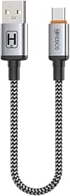 Cabo USB para USB-C 60W Carregamento Rápido Nylon Trançado Preto 20cm | Compatível com Smartphones e Tablets USB-C, Design Resistente