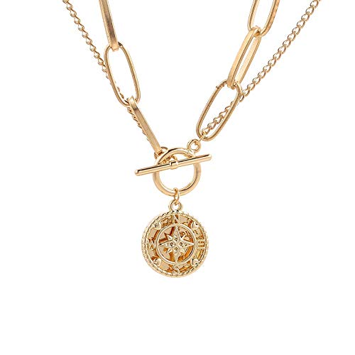 Gold Chunky Thick Link Chain Necklace Compass Coin Pendant Toggle