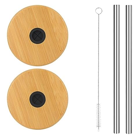 Cafezi Bamboo Lids Mason Jar Lids with Stainless Steel Straws,Reusable Lids with Straw Hole,2 Straws and 1 Straw Brush,Bamboo Mason Jar Lids for Wide and Regular Mouth Mason Jar Cover