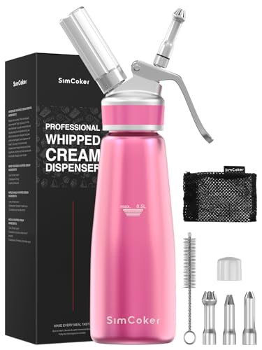 SimCoker Whipped Cream Dispenser,Aluminum Cream Whipper 500mL/1 Pint,3 Decorating Nozzles,1 Brush, 1 Storage Bag,Homemade Whipped Cream Maker,Pink