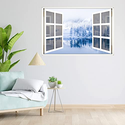 Winter 3D Lake Landscape Fake Window Wall Sticker Snow Forest Wall Mural Peel And Stick Window Decal For Wall Home Decors For Bedrooms Living Rooms #TOP4