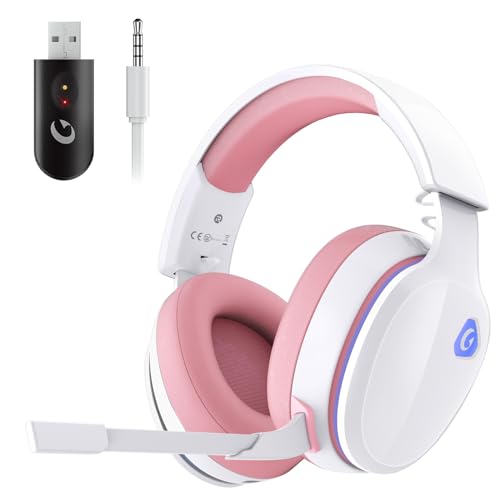 Gvyugke Pink Wireless Gaming Headset for PS5, PC, Switch, 2.4GHz + Bluetooth 5.4 Gaming Headset with Noise Cancelling Mic, Surround Sound, 20ms Low Latency, 50mm Drivers, USB-C Dongle, 40H Battery