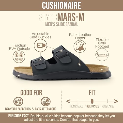 Image of CUSHIONAIRE Mars Double Buckle Slide Sandals for Men with Arch Support, Cork Footbed and EVA Outsole