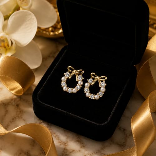 Image of Gold Bow Wreath Earrings with Pearls and Crystals, Stud Style, Elegant Holiday Theme
