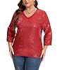 Kyzoeyou XL-5XL Plus Size Sequin Blouses T-Shirt Womens Glitter Tops Fully Body Sparking Sequins V Neck Lined 3/4 Sleeve Casual Nights Out Wear (Red 4XL) #2