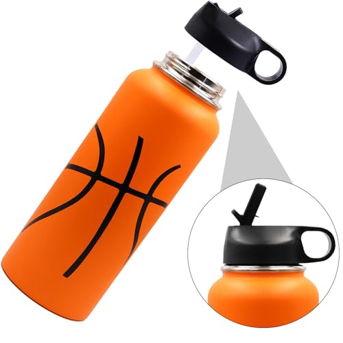 40 oz Basketball Water Bottle, Stainless Steel Vacuum Insulated Water Bottle with Straw and 2 Lids, Wide Mouth BPA Free Double Wall Leak Proof Flask for Sports, Travel, Gym, School — view 2