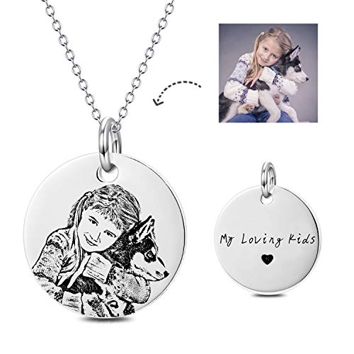Lonago Personalized Photo Necklace Sterling Silver Custom Engraved Picture Image Necklace Pendant Black And White Color Gifts (Small Circle) #TOP3