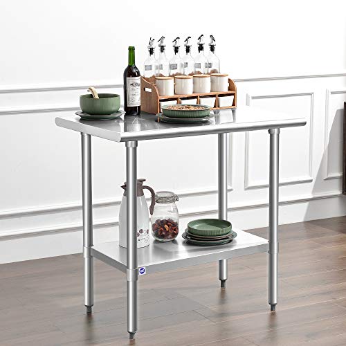 Image of ROCKPOINT Stainless Steel Table for Prep & Work 24x36 Inches, NSF Metal Commercial Kitchen Heavy Duty Table with Adjustable Under Shelf and Table Foot for Restaurant, Home and Hotel