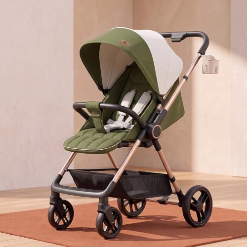 Image of StarAndDaisy Urban Moon Stroller for Baby Boy 0 to 5 Years, Foldable Baby Pram with Adjustable Reclining Seat, 5-Point Safety Harness, Footrest, Wheel Brakes & Storage Basket, Beige Brown