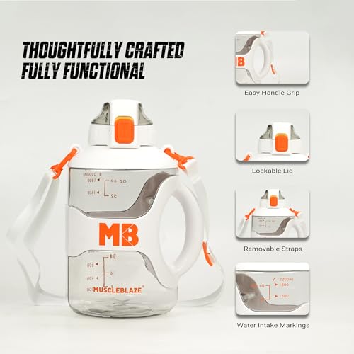 Image of MuscleBlaze Gym Gallon Water Bottle, White, 2.2L | Leakproof & BPA-Free | Athlete-Safe Build