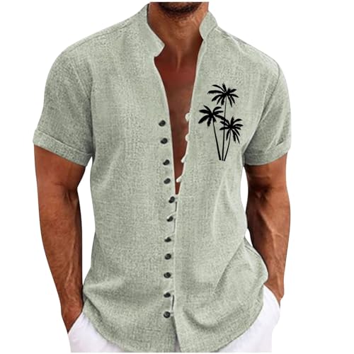 kuiazelit Chemise d'été pour homme, col montant, chemise à manches courtes en coton et lin, chemises décontractées pour hommes, chemise d'été surdimensionnée, chemise vintage à manches courtes pour