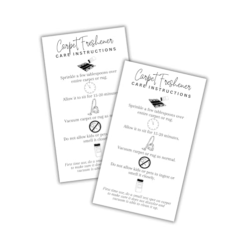 Carpet Freshener Sprinkles Instruction Cards 50pk 2x3.5” Deodorizer Bottle Shake for Powder Scent DIY Rug Warning Label Ingredients Scent