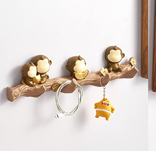 Doxiglobal Coat Hook Wall Mounted Decorative Coat Rack 4 Hooks Animals Monkey Tree Branch Wood Style Key Hooks Holder Hat Hanging #TOP3