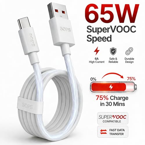 Image of 65W Super Fast Charging USB A to Type C Cable, Premium TPE USB C Charger Cable, High Speed Charging & Data Sync, Reinforced Connectors, 1 Meter, Compatible with USB Type-C Smartphones, White