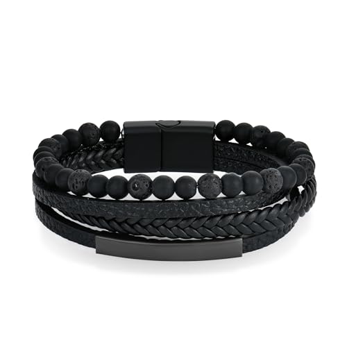 Image of Raymard Mens Tiger Eye Matee Black Onyx Lava Rock Volcanic Stone Beaded Bracelet, Black Braided Leather Bracelet for Men, 8.3“, Leather, no gemstone