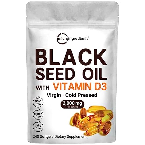 Micro Ingredients Black Seed Oil 2000 mg with Vitamin D3 1000 IU, 240 Softgels | Cold Pressed - Nigella Sativa Pills from Egypt, Virgin Oil, Odorless,