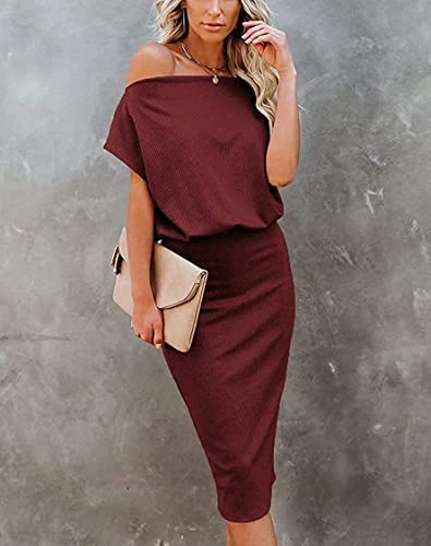 Image of EZBELLE Women's Summer Dress Off The Shoulder Short Sleeve Ribbed Casual Party Bodycon Midi Dresses