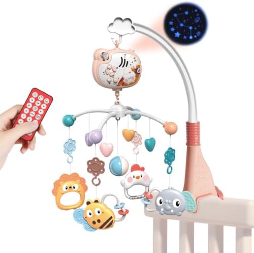 Aolso Babybett-Spielzeug, Mobile für Babybett, Baby Einschlafhilfe Musikspielzeug mit süßen Tieren, Babybett-Mobile mit Musik und Lichtern, Projektor und Fernbedienung (Kaninchenpr
