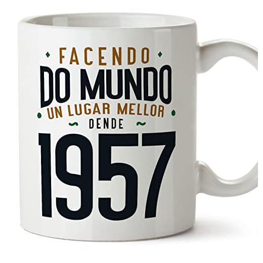MUGFFINS Tazas 1957 Cumpleaños - En Gallego - Facendo do Mundo un Lugar Mellor - 11 oz / 330 ml - Regalo original y divertido