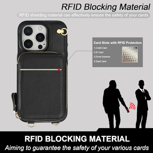 Bocasal Crossbody Wallet Case for iPhone 16 Pro, RFID Blocking Leather Purse Case with Card Holder, Protective Handbag Flip Cover with Zipper Wrist Strap Lanyard for Women 5G 6.3 Inch (Black) by Bocasal - Image 4