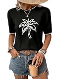 Dokotoo Women's Tropical Palm Tree Print Summer Short Sleeve Sweater for Women Beach Sweaters Boho Tops Casual Crew Neck Cruise Vacation Outfits Resort Wear Pullover Shirt Black Sweaters X-Large