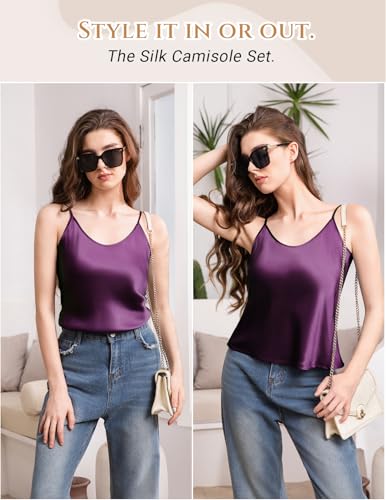 Image of THXSILK 100% Mulberry Silk Women Cami Pajama Set, Tank Top with Shorts Sleepwear, Adjustable Spaghetti Straps, Luxury Pj Set