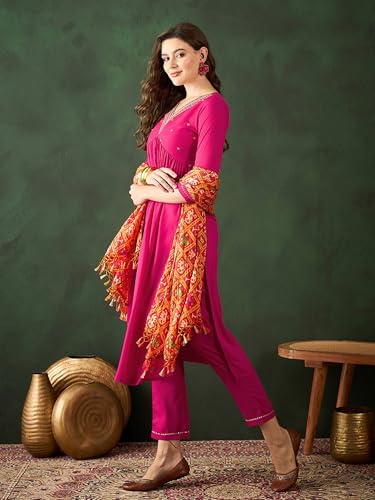 Image of SheWill Women's Mustard American Crepe Zari Sequence Embroidered Alia Cut Kurta with Pant and Dupatta