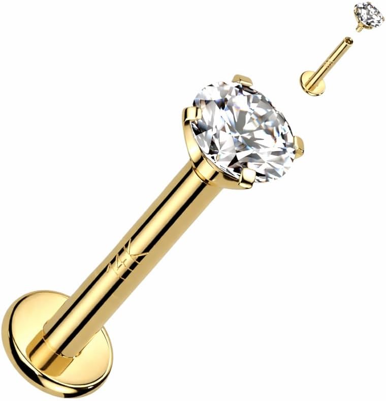 14K Solid Gold Flat Back Stud Earring 18G Internally Threaded Labret, 2mm Natural Diamond Cartilage Tragus Conch Helix Lip Nose Piercing Jewelry