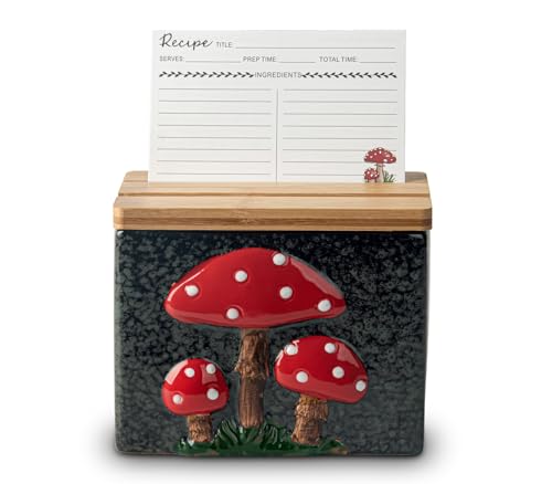 dgudgu Mushroom Recipe Box With Cards And Dividers - Ceramic Recipe Card Box - Cute Black Recipe Box Set With Bamboo Lid