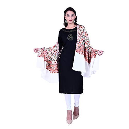 SWI WITH LABEL Women's Kashmiri Wool Blended Shawl Embroidered by Kashmiri Artisans, (Large Size - 40 x 80 Inches)