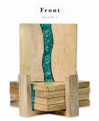 Aura of Home Decor Wooden and Epoxy Resin Coaster Set with Stand - Set of 5 Square Coasters for Coffee Table, Drinks, and Bar Use - Handmade Premium Home and Office Decor Accessories